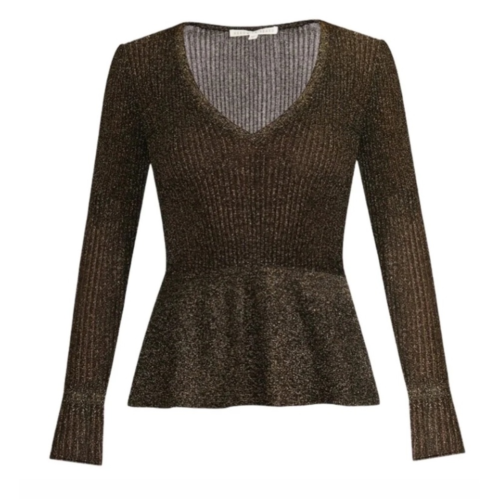 VERONICA BEARD Esmeralda Ribbed Sweater Black Metallic Peplum V-Neck Pullover